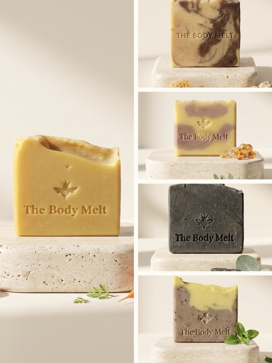 The Full Melt — five natural soap bars: Carrot, Rice, Frankincense, Charcoal and Mint Melt