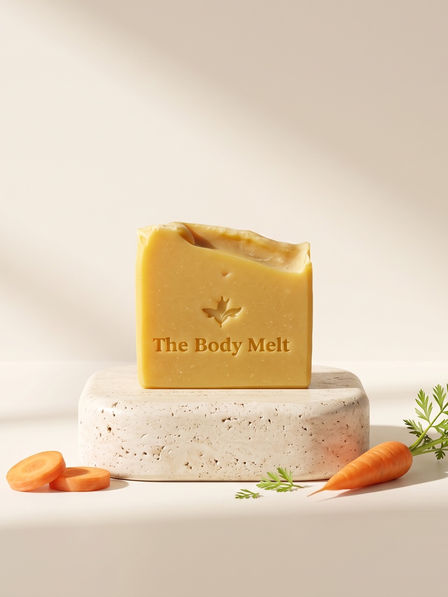 Carrot Melt soap bar on a travertine block with fresh carrots