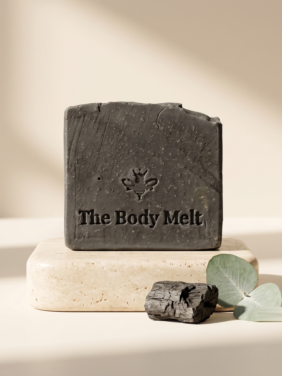 Charcoal Melt soap bar on a travertine block with a chunk of charcoal