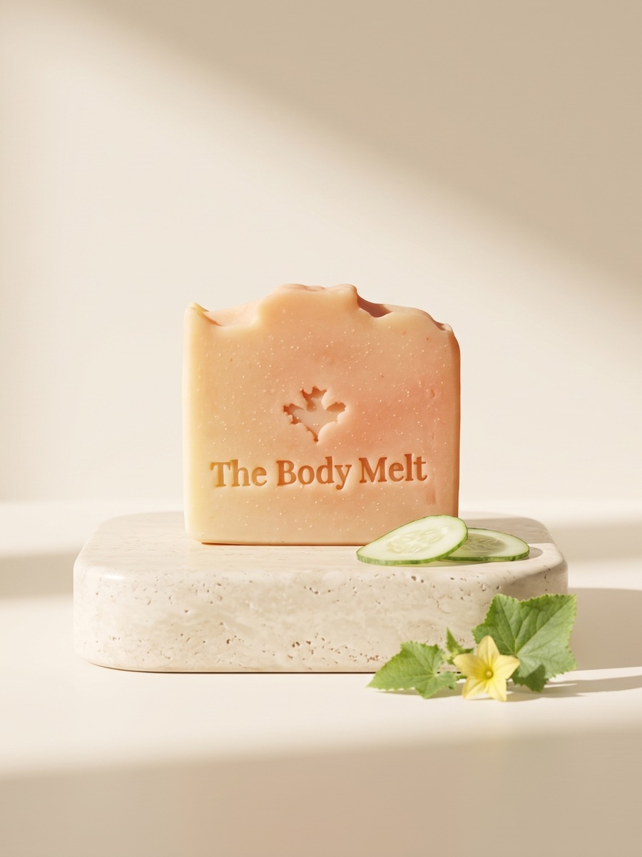 Cucumber Melt soap bar on a travertine block with cucumber slices