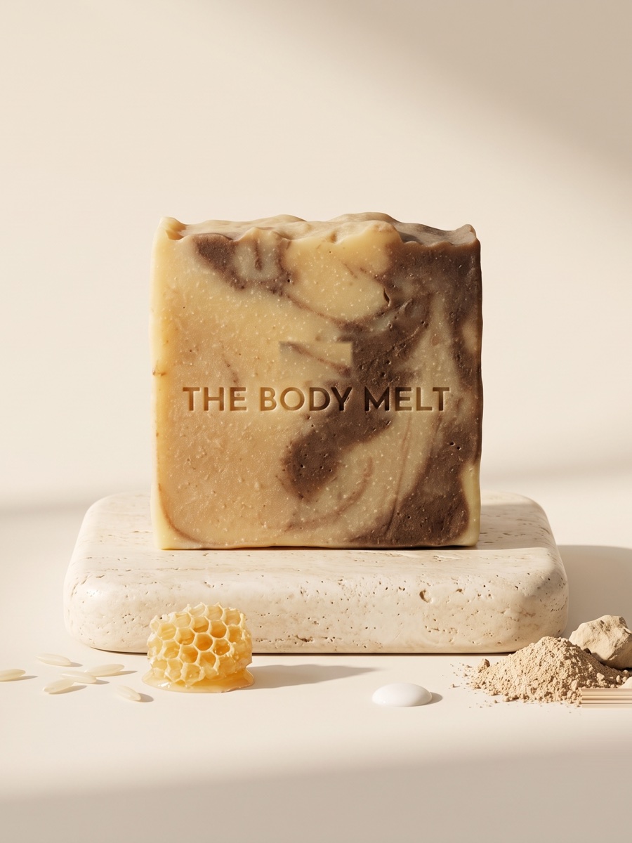 Rice Melt soap bar on a travertine block with honeycomb and rice
