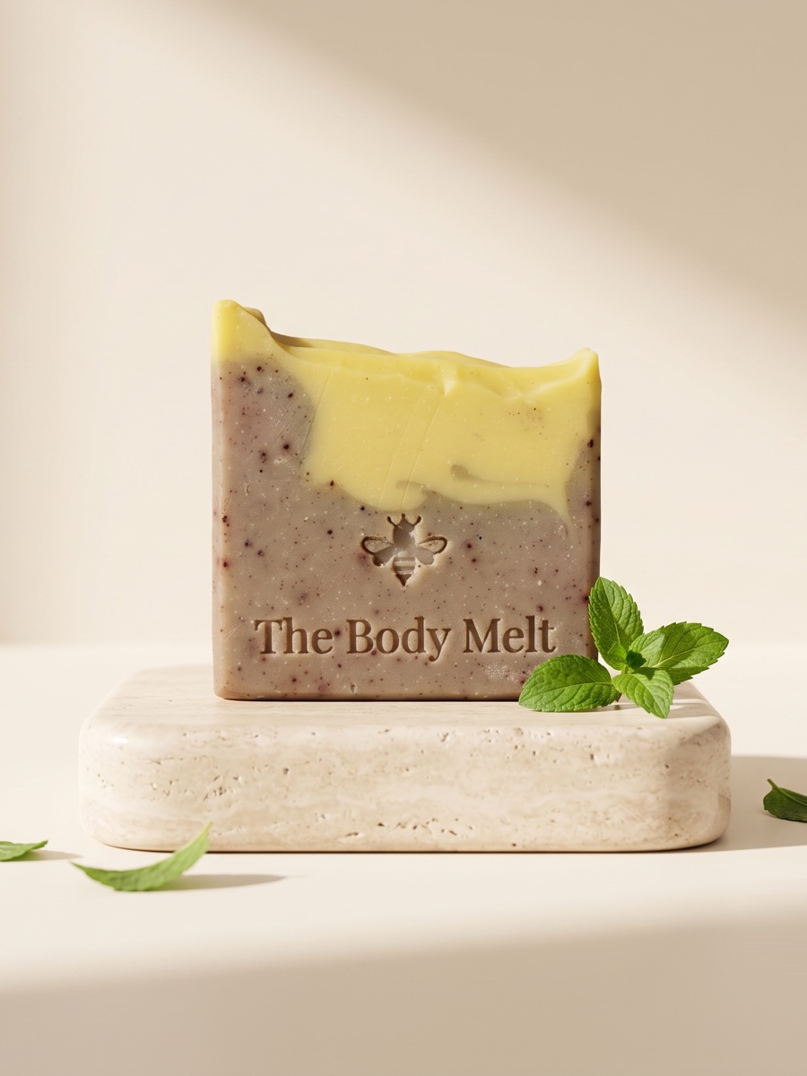 Mint Melt soap bar on a travertine block with fresh mint
