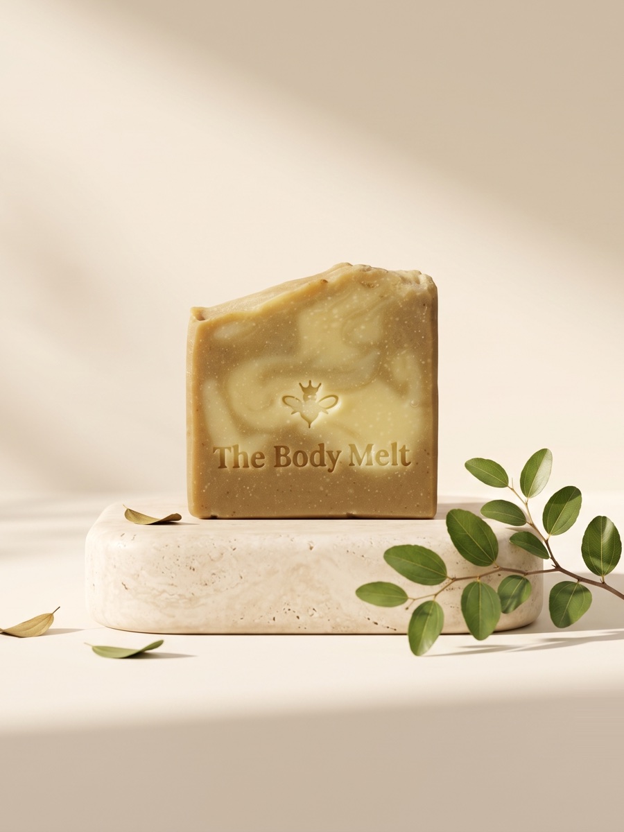 Olive Melt soap bar on a travertine block with olive branches
