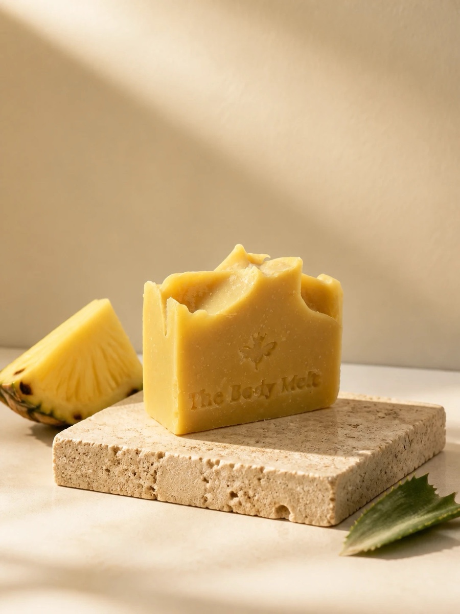 Pineapple Melt soap bar on a travertine block with a wedge of fresh pineapple